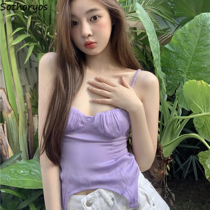 

Women Camisoles Sim Spaghetti Straps Yellow Purple Fashion Asymmetrical Silk Satin Crop Tops Female Sexy Streetwear Summer Chic