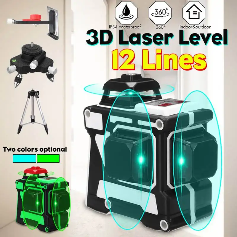 Синий/зеленый лазерный уровень со штативом и кронштейном 12 линий 3D вращение на 360