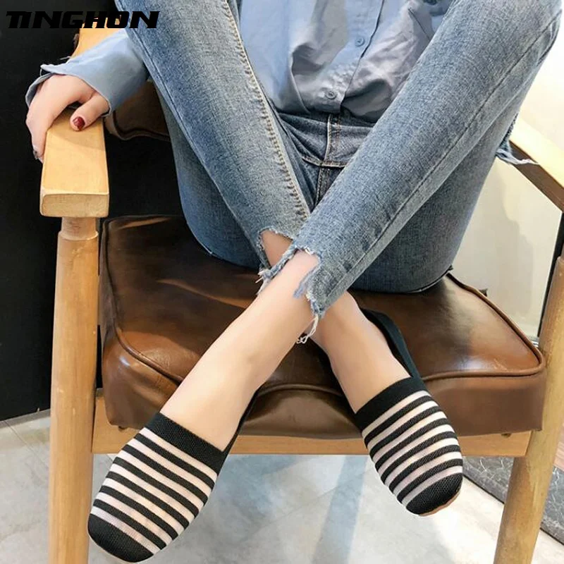 Туфли TINGHON женские на плоской подошве вязаные без застежки квадратный носок