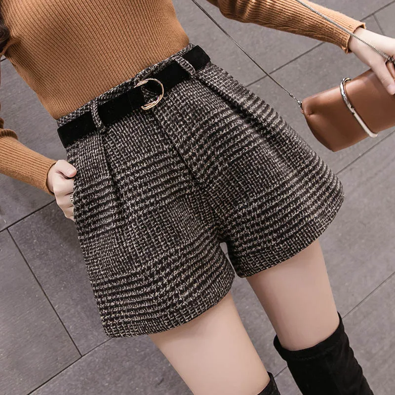 Khaki Твидовые шорты с карманами Женские сексуальные шорты с высокой талией Harajuku корейские женские осенне-зимние шорты jupe женские юбки - Цвет: Khaki