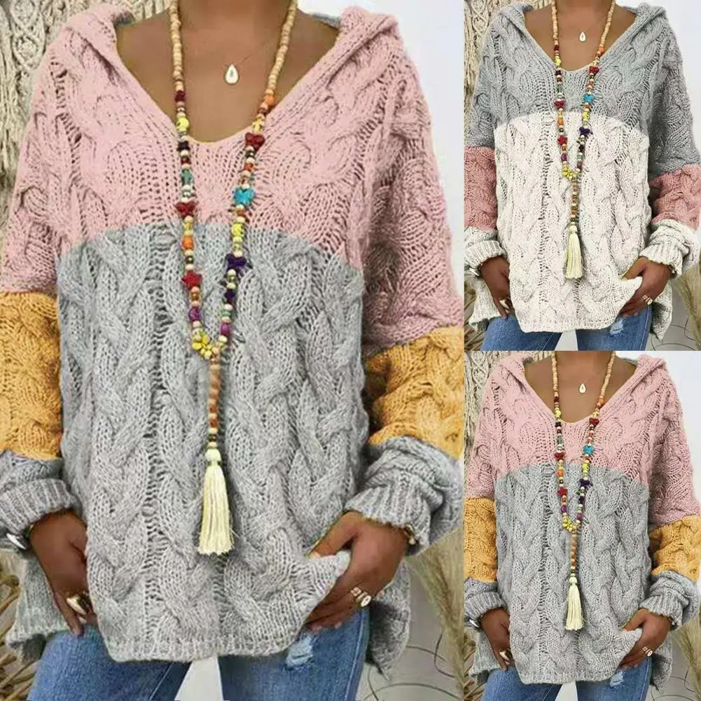 

V-neck Pullovers for Women Spring Winter Loose Color Blocking Sweaters Fashion Casual Knitted Pullover Casaul Female Clothes