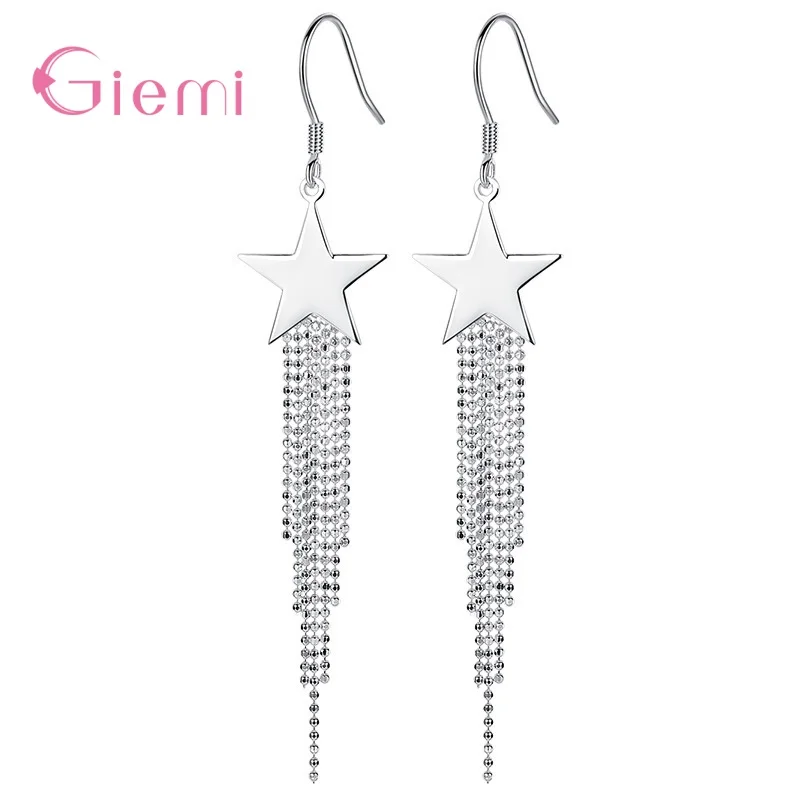 

New 100% Real 925 Silver Simple Tiny Tassel Stars Shape Drop Earrings For Women Silver Dangle Ear Fashion Jewelry