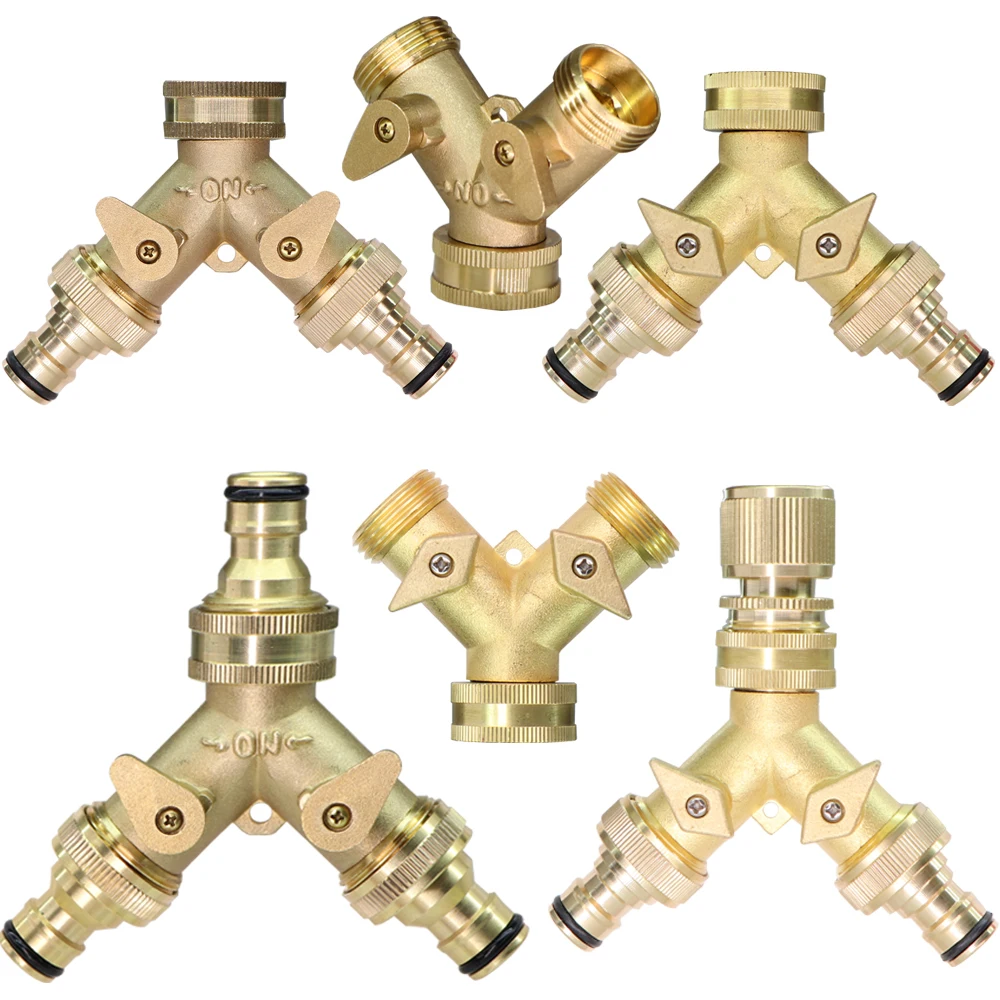 BSP/NPT All-brass Y-connector 3/4-inch Garden Hose Diverter 2-Way Water Pipe Connecter With 2 Switch Valve Irrigation Connectors
