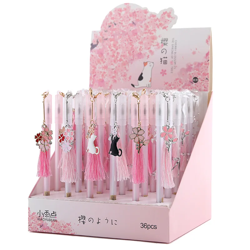 

36 pcs/lot Creative Tassel Cat Pendant Gel Pen Cute 0.5mm black ink Neutral Pens School writing Supplies Promotional Gift