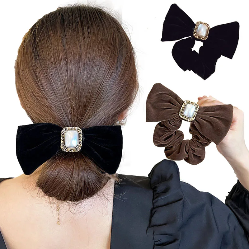 

Vintage Velvet Hair Bands Pearl Bows Elastic Hairbands Women Scrunchie Ponytail Holder Hair Ties Trendy Headbands Hair Rope