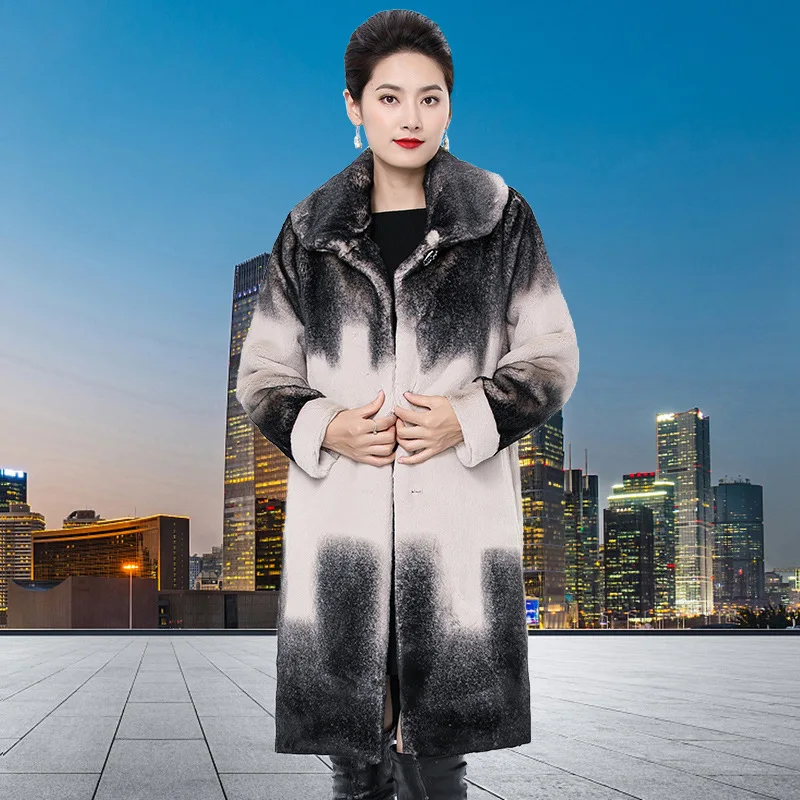 women's fashion loose temperament commuter long round neck whole mink  pocket coat winter new style Wide-waisted