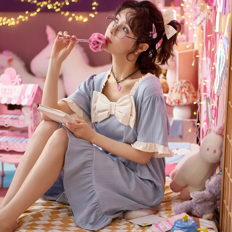 Summer Nightdress Pajamas Women's Summer Cotton High Grade Short Sleeve Long Over The Knee Cotton Home Clothes