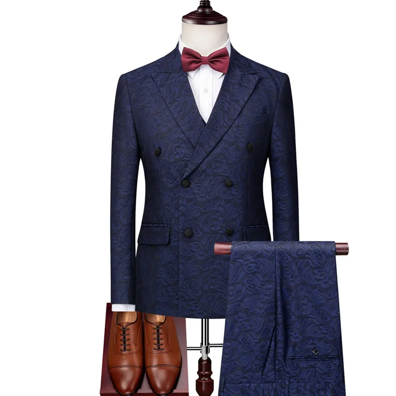 Groom Wedding High End Jacquard Slim Fit Three Piece Suit Blazer Vest Pants Retro Luxury Fashion Jacket Coat Trousers | Мужская одежда