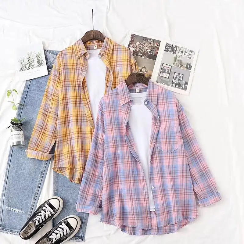 

100% Katoen Vrouwen Casual Plaid Shirts Losse Vriendje Stijl Dames Tops Uitloper 2021 Oversized Blouses En Shirt