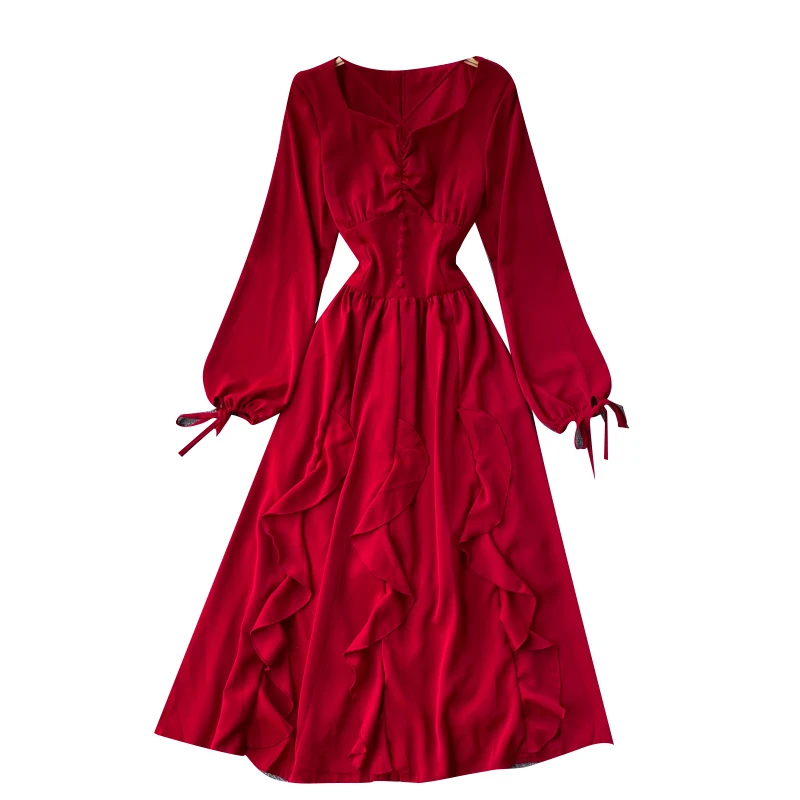 

Autumn Party Night Red Long Dress For Women Elegant Square Collar Long Sleeve Ruffle Dresses Female A-Line Vestidos Clothes