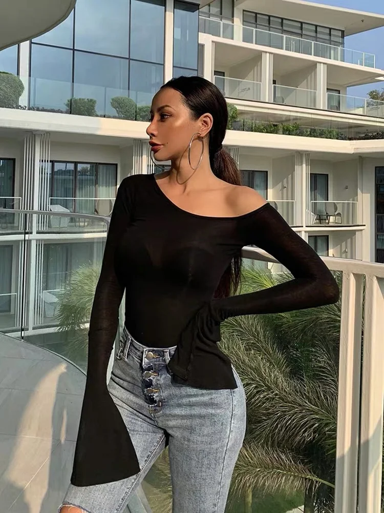 Зимний Тонкий Микро Прозрачный Топ для женщин с длинным рукавом ночной клуб