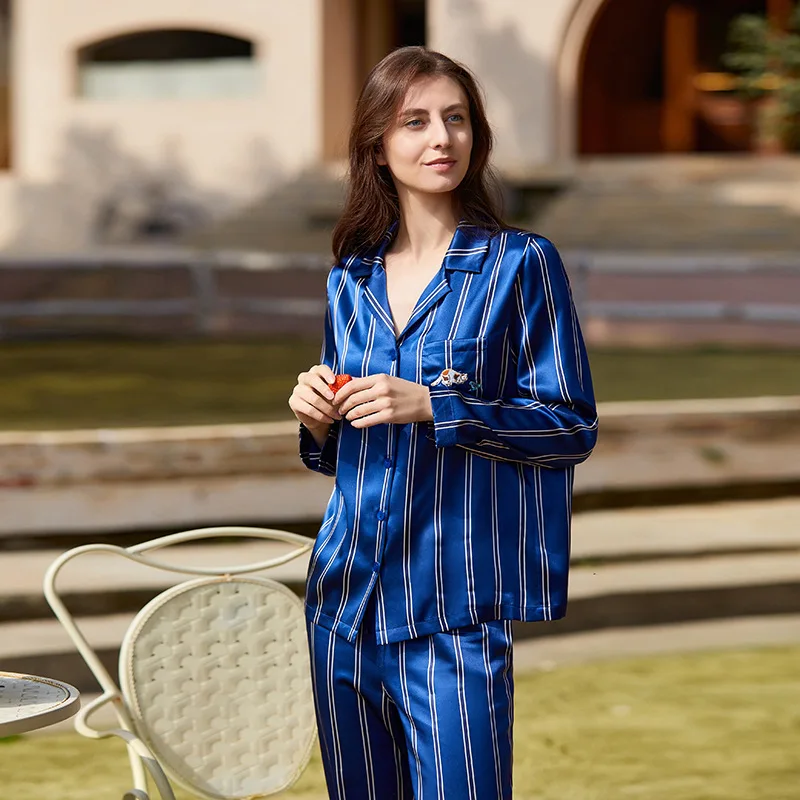 Maison Gabrielle 2021 New 100% Mulberry Silk Pajamas Set Pintriped Printed Loungewear Sleepwear for Women 2 Pieces Pyjama Femme