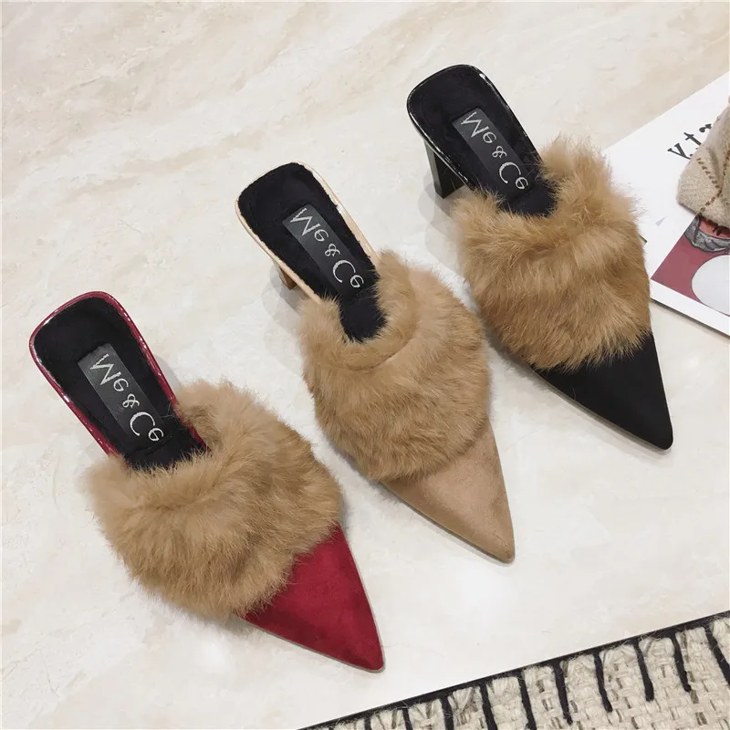 Туфли без задника женские Бархатные Меховые шлепанцы с острым носком удобные