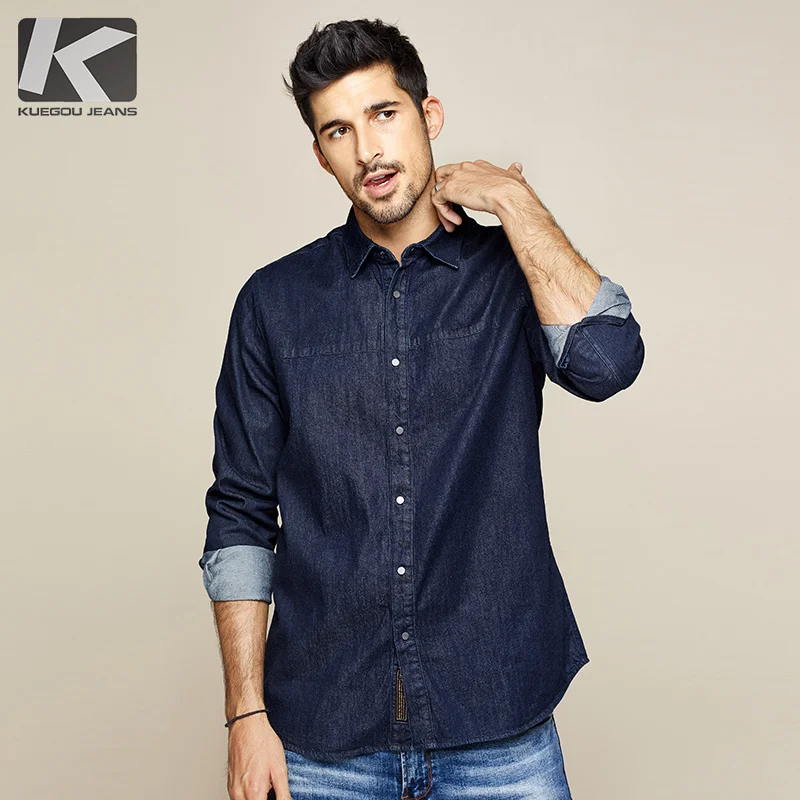 KUEGOU 2019 осень 100% хлопок синяя джинсовая рубашка мужская одежда на пуговицах