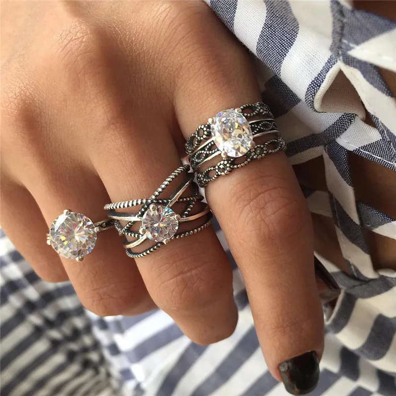 

3Pcs/Lot New Fashion Jewelry Retro Exaggerated Hollow Ring Set Inlaid Rhinestone Jewels Women's Best-Selling Popular Accessories