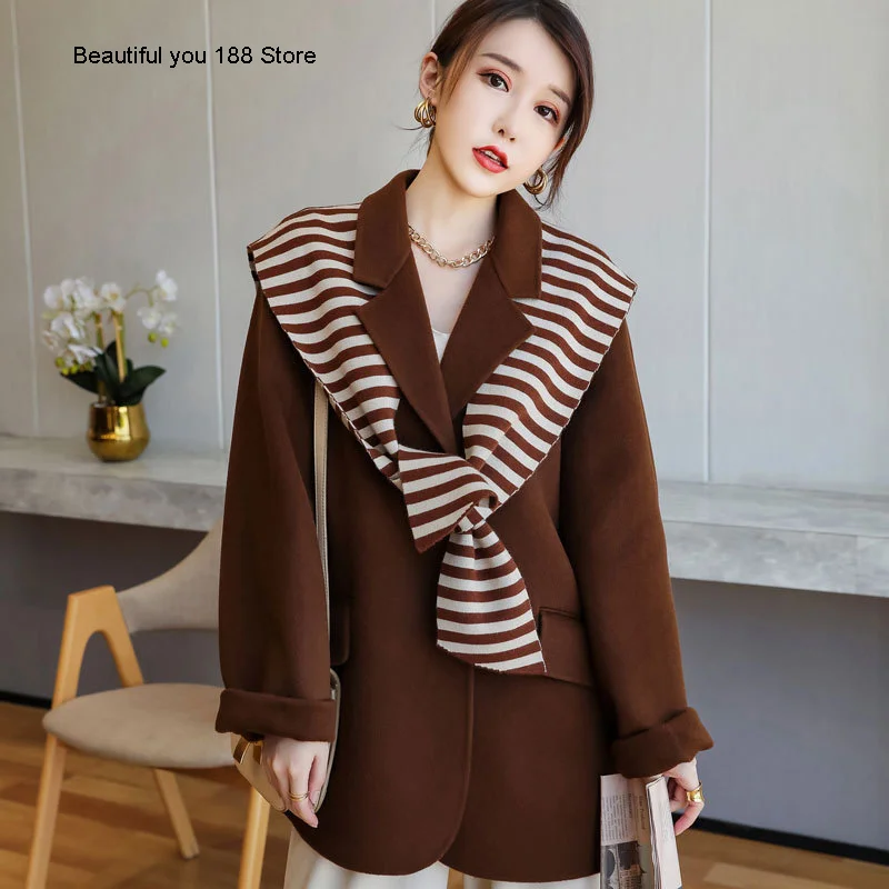 

New European double sided cashmere coat autumn winter 2020 women's striped shawl medium length fashionable woolen coat