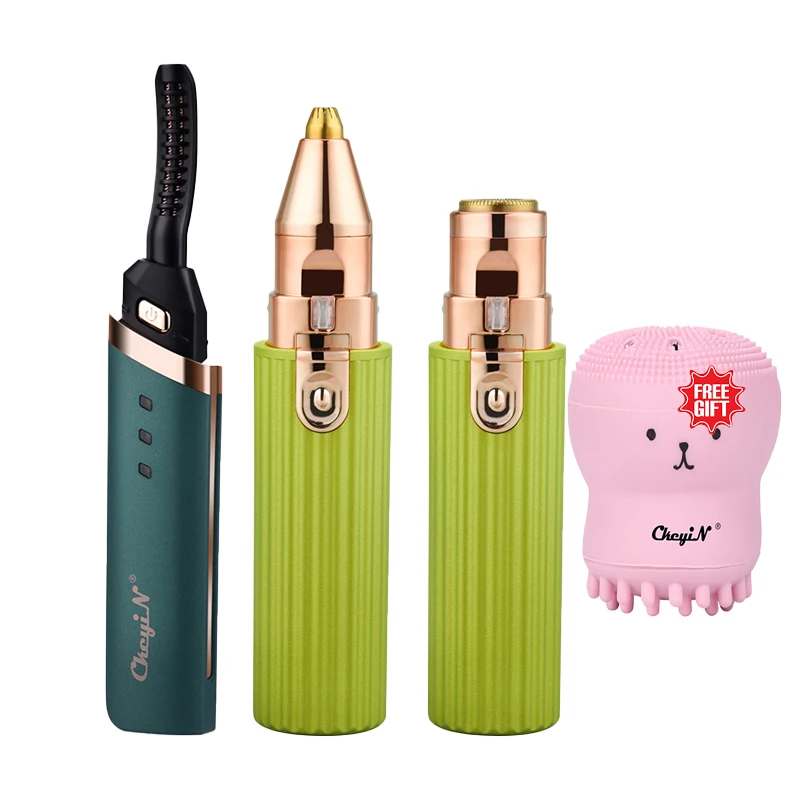 

3 in 1 USB Rechargeable Eyebrow Trimmer Women Shaver Razor Hair Remover Electric Heated Eyelash Curler Makeup Face Brush Beauty