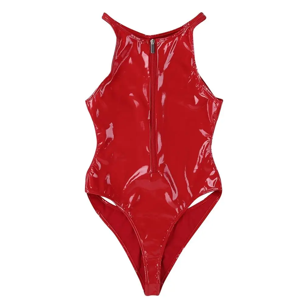 Соблазнительное Женское боди слитное блестящее кожаное с лямкой на шее открытой