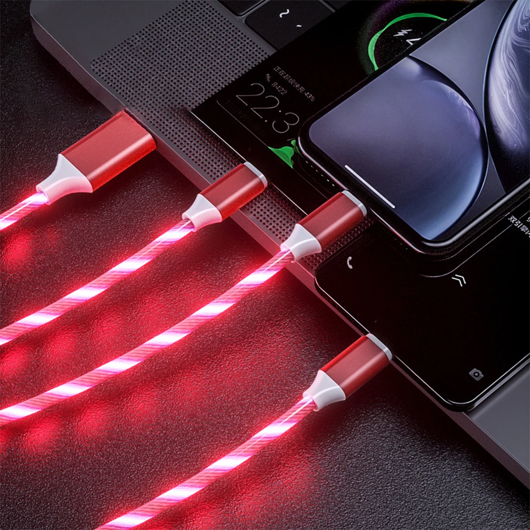 3 в 1 мобильный телефон USB кабель для iPhone Micro usb type C зарядный кабель для Xiaomi samsung Быстрая зарядка светодиодный плавный свет