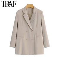 traf women fashion office wear double breasted blazers coat vintage long sleeve pockets female outerwear chic tops