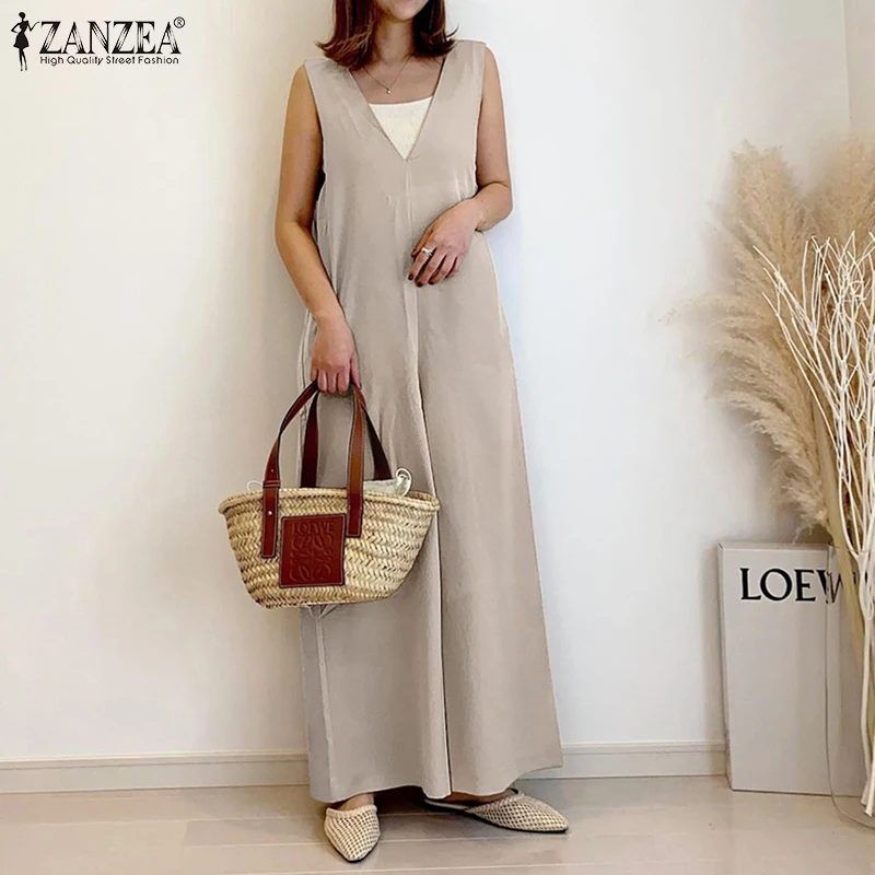 

Комбинезон женский с широкими штанинами, винтажный однотонный Свободный Длинный Ромпер на молнии, повседневный комбинезон, Ромпер оверсай...