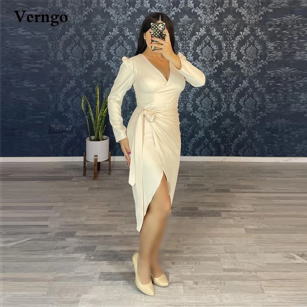 

Verngo Vintage Ivory Black Women Tea Length Prom Dresses Long Sleeves V Neck Pleats Stretch Satin Sheath Formal Party Gowns