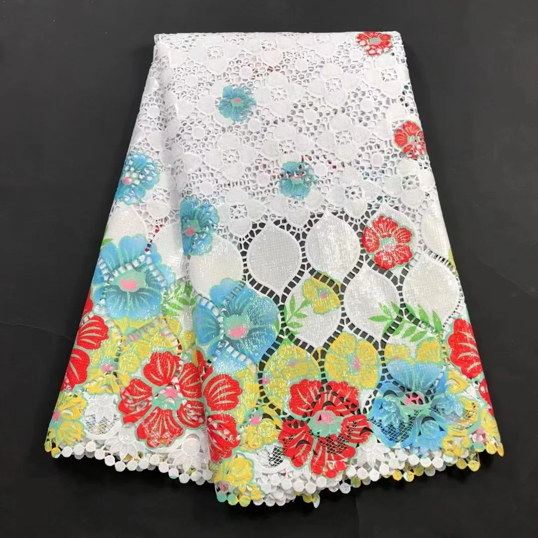

Latest High Quality African Tulle Guipure Cord Lace Fabric Embroidery Nigerian Lace sequins Fabrics For Wedding Party