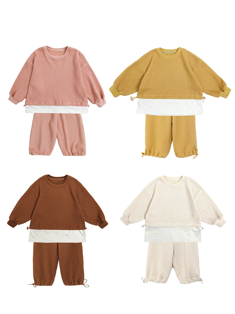 

Girls Spring Waffle Fake Two-Piece Sweatshirt Suit 2021 New Sports Casual Top and Pants
