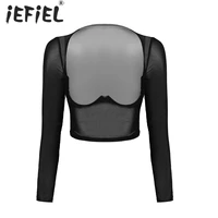 women see through mesh underwire crop top long sleeve open cup t shirt tops sheer leotard tees lingerie costumes for nightclub