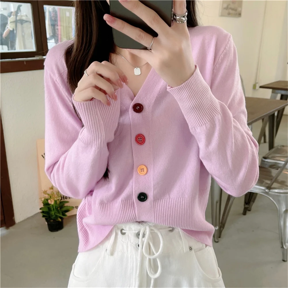 

Colors Retro Tops Colorful Buttons V-Neck Loose Knitwear All Match 2021 New Casual Cardigans Sweaters Autumn Chic