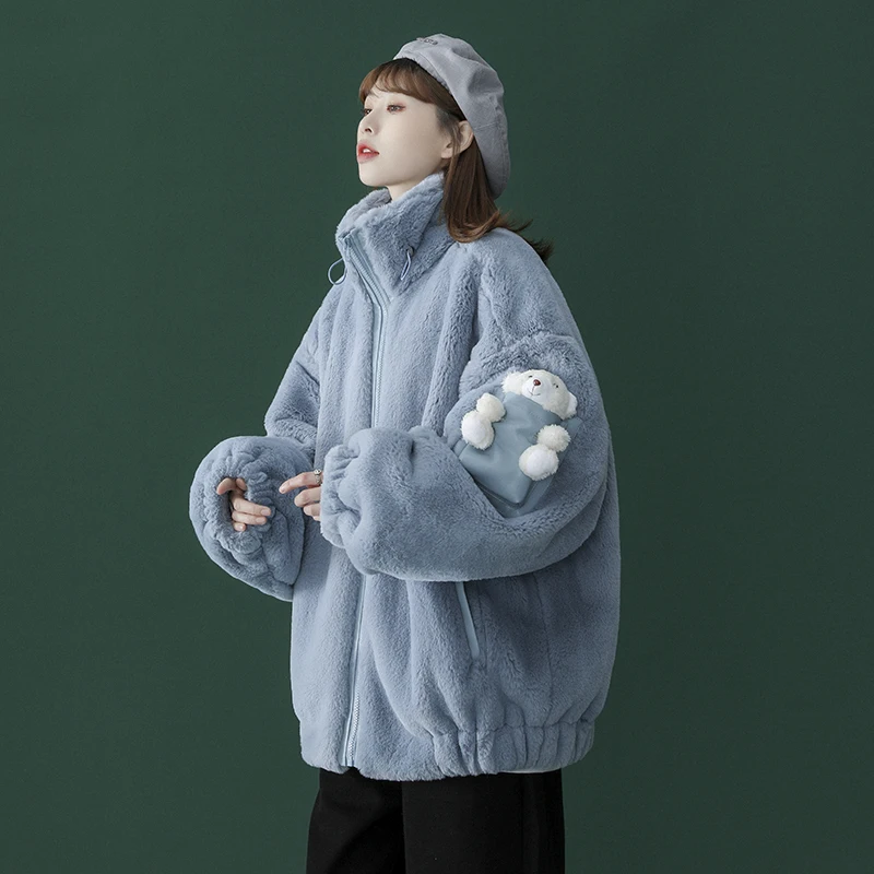 New short coat winter female blue imitation mink loose sweet casual lovely high collar top fashion thickened Plush coat
