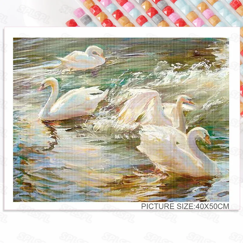 

Diy Diamond Painting Nature Creatures Birds Duck Family Noble Wild White Swan In Pairs Playing In The Water White Swan Poster
