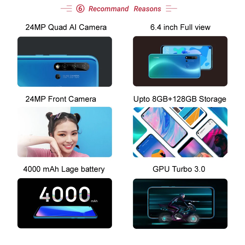 Huawei Nova 5i смартфон 6 ГБ 128 ГБ 6,4 дюйма Android 9,0 мобильный телефон 2310x1080 type-C мобильный телефон 710 МП Kirin