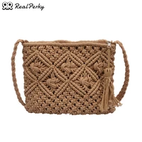 simple tassel hand holding retro summer beach straw bag cotton woven purses and handbags