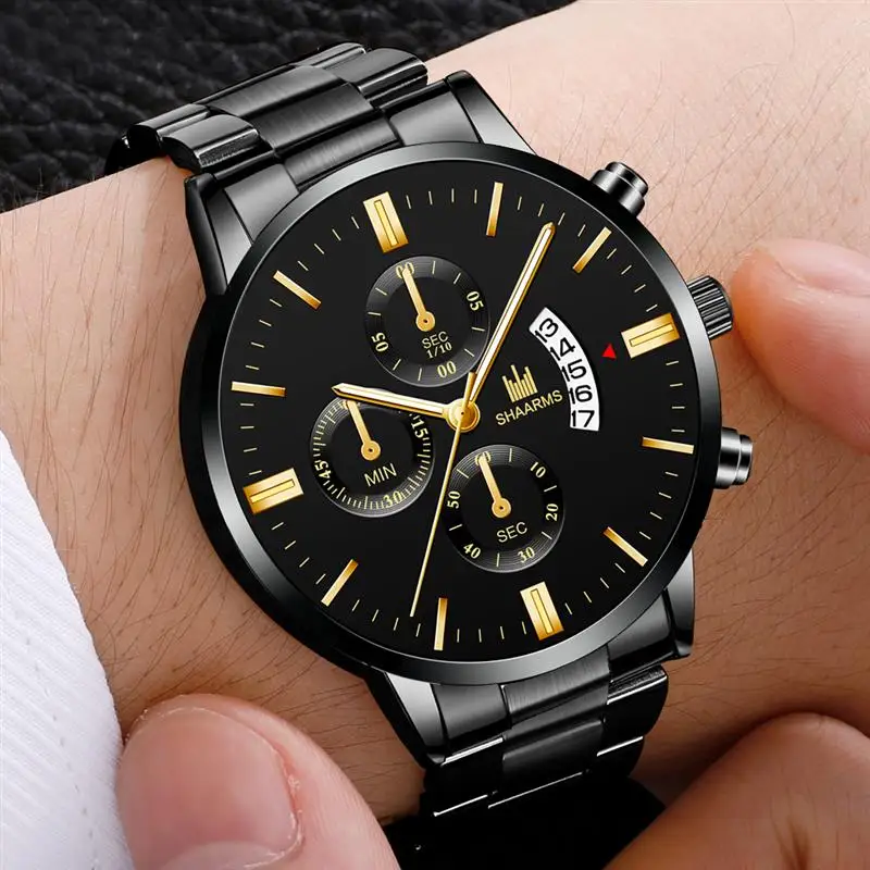 

2022 New Men's Business Military Quartz Watch Gold Stainless Steel Strap Men's Watch Date Calendar Luxury Male Clock Relogio