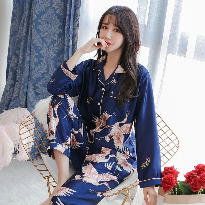Long Sleeve Women's Pajama Set Silk Spring Summer 2 Pcs Single Breasted Ladies Pijama Suit with Pants Pyjama Sleepwear Female