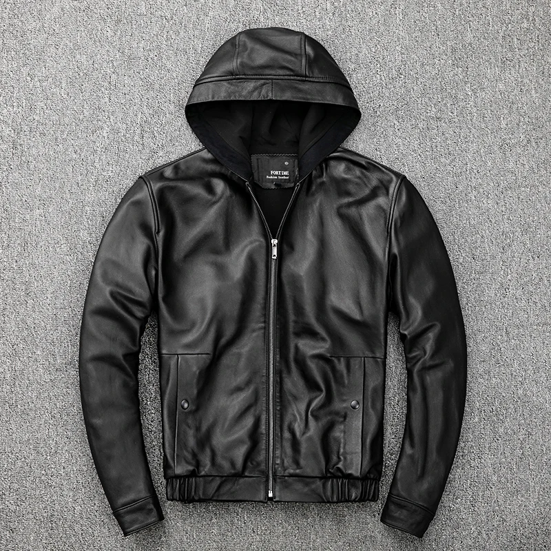 

Real Jacket Genuine Men Hooded 100% Sheepskin Coat Short Spring Autumn Plus Size Men's Leather Jackets KJ2205