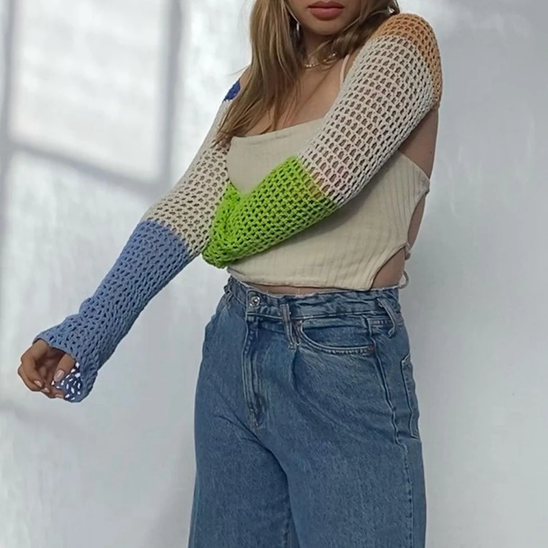 Кроп-топ женский трикотажный с длинным рукавом составного кроя | Женская одежда