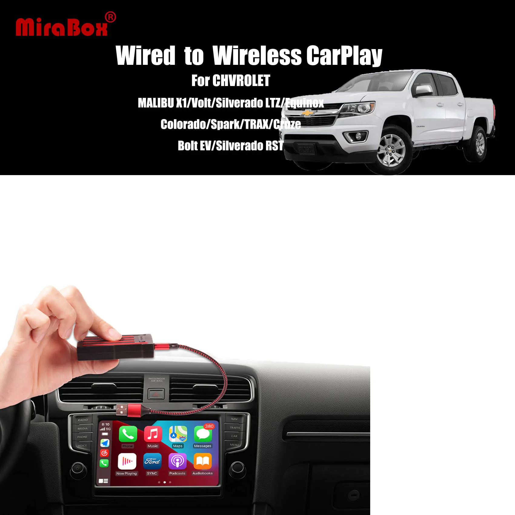 

Беспроводной адаптер MiraBox для Apple Carplay, USB-ключ для CHVROLET MALIBU X1 Volt Silverado LTZ, Колорадо, искра, Cruze