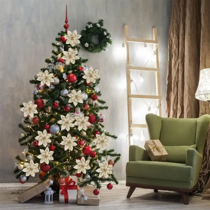 10 шт. искусственные цветы для украшения блестки Poinsettia поддельные цветы DIY домашние свадебные декорации цветок голова Рождество