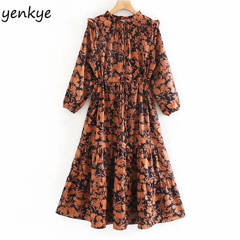 Женское винтажное платье с цветочным принтом длинное осеннее трапеция оборками