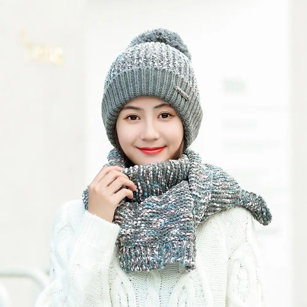 Женский Зимний вязаный комплект из шапки и шарфа плотная теплая вязаная шапка