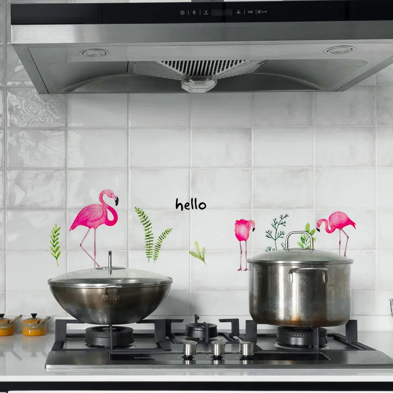 Kitchen Oil Proof Wall Sticker Murals Pink Flamingo Bird Pattern Tiles Decor Stickers 3d Nordic Home Decoration Posters J180 | Дом и сад
