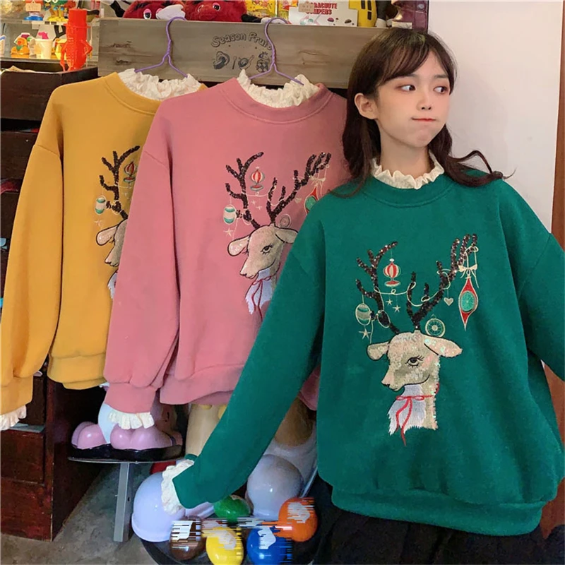 Весенне осенняя одежда повседневный Свободный пуловер с рождественской