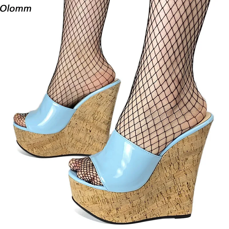 

Olomm Handmade Women Summer Patent Leather Mules Sandals Wedges Heel Open Toe Gorgeous Blue Red Pink Party Shoes Size 35 45 46