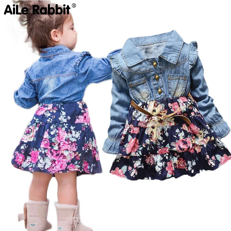 

Girls Baby Dress Floral Denim Dress Children's Clothing Children's Clothes Autumn Long-sleeved Children's Clothing