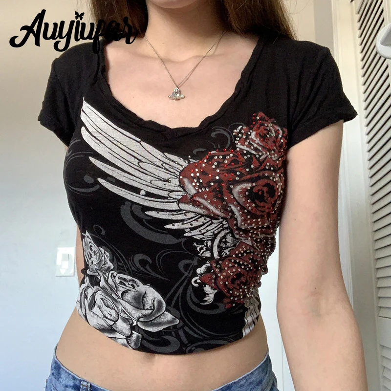 

Auyiufar Rhinestone Rose Wing Printed Short Tees Fairy Grunge Retro Y2k Slim Round Neck Aesthetic Tops Goblincore Women Tshirts
