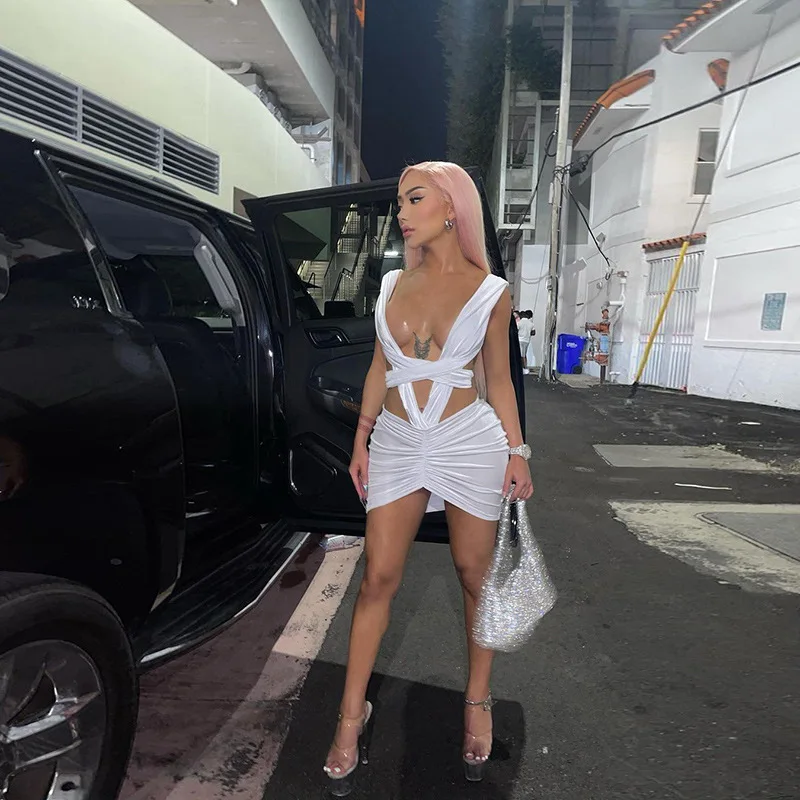 

Solid Sexy Mini Dress Women Fashion Elegant Party Clubwear Deep V-neck White Dresses Flannel Sleeveless Backless Lace Up Wear
