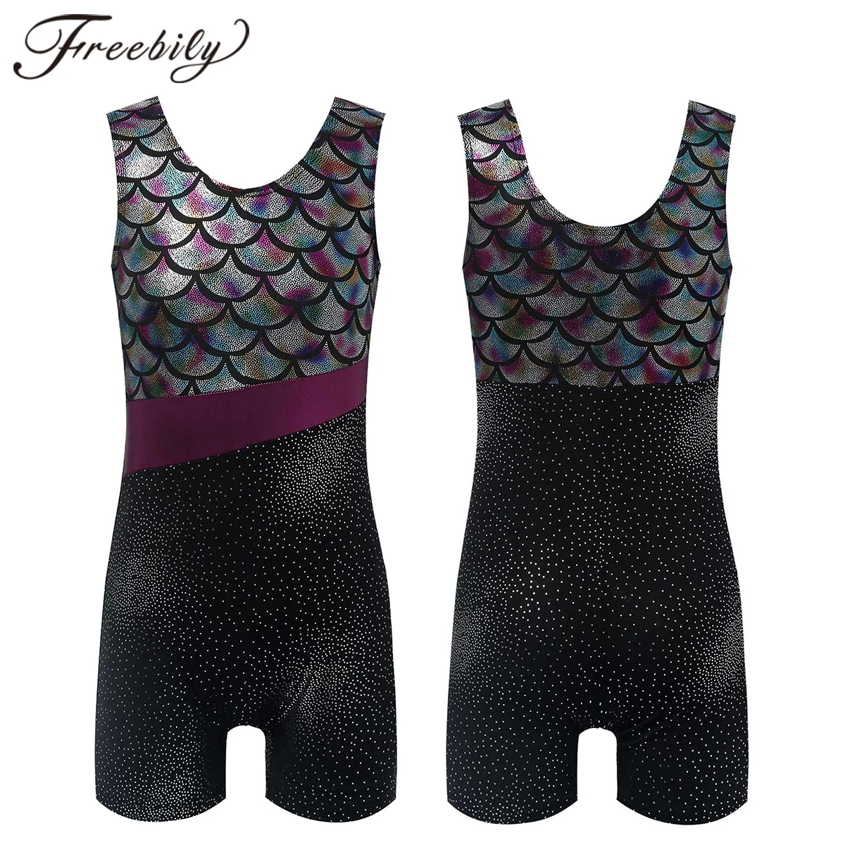 

Kids Girls Gymnastics Leotard Jumpsuit Sleeveless Shiny Mermaid Fishscale Print Ballet Leotard Dance Unitard Bodysuit Dancewear