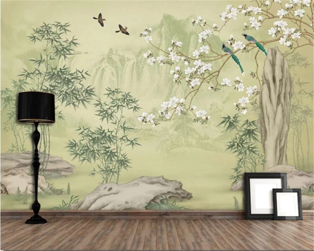 

beibehang New Chinese custom wallpaper bamboo forest magnolia classical meticulous flower and bird background papel de parede